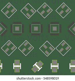 Seamless pattern with abstract placement on colorful background with lettering "Volts, Watts". Abstract pcb design.