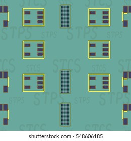Seamless pattern with abstract placement on colorful background with lettering "STCS, STCS" (STENCIL ON COMPONENT SIDE, STENCIL ON PRINT SIDE). Abstract pcb design.