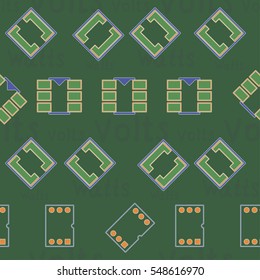 Seamless pattern with abstract placement on colorful background with lettering "Volts, Watts". Abstract pcb design.
