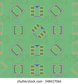 Seamless pattern with abstract placement on colorful background with lettering "SMCS, SMPS" (SOLDER MASK ON COMPONENT SIDE, SOLDER MASK ON PRINT SIDE). Abstract pcb design.