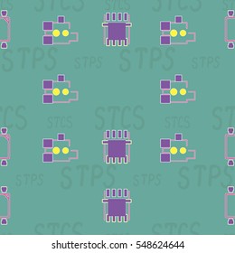 Seamless pattern with abstract placement on colorful background with lettering "STCS, STCS" (STENCIL ON COMPONENT SIDE, STENCIL ON PRINT SIDE). Abstract pcb design.