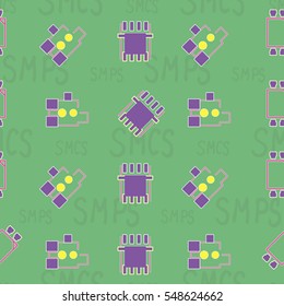 Seamless pattern with abstract placement on colorful background with lettering "SMCS, SMPS" (SOLDER MASK ON COMPONENT SIDE, SOLDER MASK ON PRINT SIDE). Abstract pcb design.