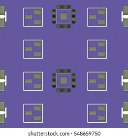 Seamless pattern with abstract placement on colorful background with lettering of physical formulas for resistance, power and electrical current. Abstract pcb design.