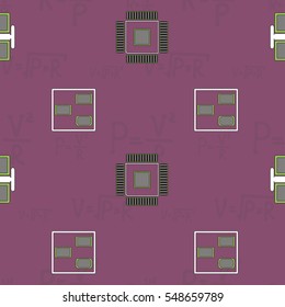 Seamless pattern with abstract placement on colorful background with lettering of physical formulas for voltage, resistance and power. Abstract pcb design.