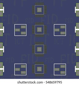 Seamless pattern with abstract placement on colorful background with lettering "ICT, TP, FID" (IN-CIRCUIT TEST, TEST POINT, FIDUCIAL). Abstract pcb design.