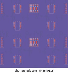 Seamless pattern with abstract placement on colorful background with lettering of physical formulas for resistance, power and electrical current. Abstract pcb design.