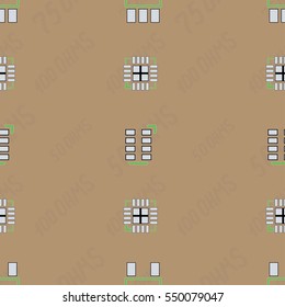Seamless pattern with abstract placement on colorful background with lettering "50 OHMS, 75 OHMS, 100 OHMS". Abstract pcb design.