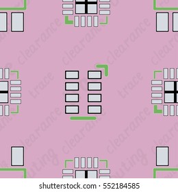 Seamless pattern with abstract placement on colorful background with lettering "trace, routing, clearance". Abstract pcb design.
