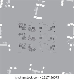 Seamless pattern with abstract placement of solder mask for components (IC CHIP). black and white for solder paste PCB components on grey background