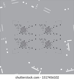Seamless pattern with abstract placement of solder mask for components (IC CHIP). black and white for solder paste PCB components on grey background