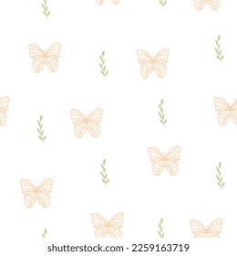 seamless pattern with abstract plant and butterflies,childish print for wallpaper,kids fabric,nursery interior,pastel baby shower illustration,white background,botanical print in boho style.