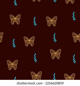 seamless pattern with abstract plant and butterfly.Elegant print for wallpaper,kids fabric,bedroom interior,home decor illustration in doodle style,dark background.