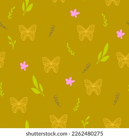 seamless pattern with abstract plant and butterfly.Elegant print for wallpaper,kids fabric,bedroom interior,illustration in doodle style,colorful background
