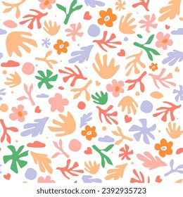 Seamless pattern with abstract plants, leaves, flowers. Natural simple summer print. Vector graphics.