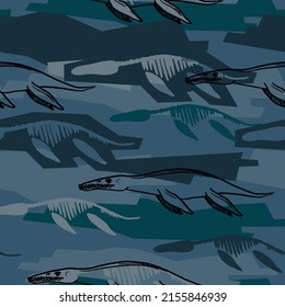 Seamless Pattern With Abstract Pliosauroidea. Background With Dino For Textile, Fabric, Kids, Boy, Wrapping Paper, Web, Clothes, Socks And Other Design.