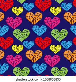 seamless pattern, abstract polygonal hearts in bright colors, ornament for wallpaper and fabric, wrapping paper, background for scrapbooking