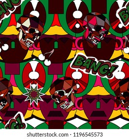 Seamless pattern with abstract  pop art objects, masks, words, sculls, stars orange, green, blue, brown colors