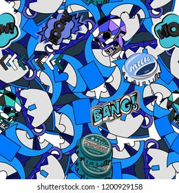Seamless pattern with abstract  pop art objects, masks, words, skulls, stars blue, purple, white colors