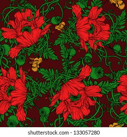 Seamless pattern with abstract poppy flowers, Hand drawn floral background