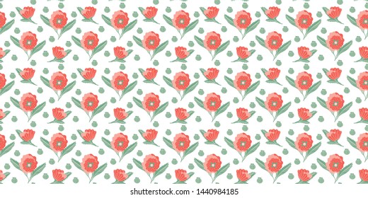 Seamless pattern of abstract poppy flowers with leaves and stems and closed buds located separately on a white background. Vector.