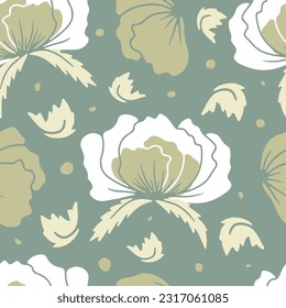 Seamless pattern with abstract poppy flowers silhouettes on blue background