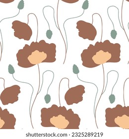 Seamless pattern with abstract poppy flowers brown silhouettes on white background