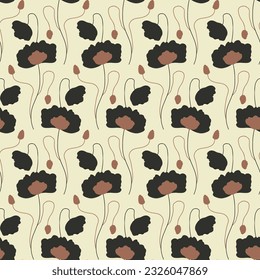 Seamless pattern with abstract poppy flowers silhouettes on beige background