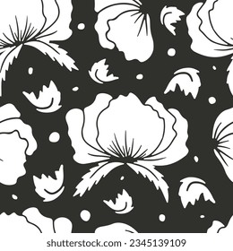 Patrón sin foco con flores de amapola abstractas siluetas blancas sobre fondo negro