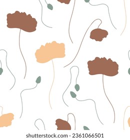 Seamless pattern with abstract poppy flowers brown silhouettes on white background