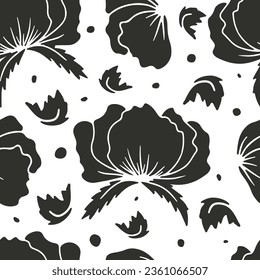 Patrón sin foco con flores abstractas de amapola siluetas negras sobre fondo blanco