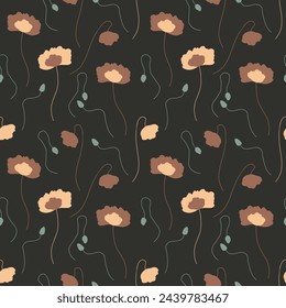 Seamless pattern with abstract poppy flowers brown silhouettes on black background