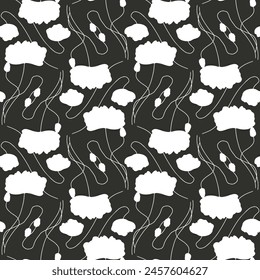 Seamless pattern with abstract poppy flowers white silhouettes on black background