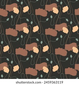 Seamless pattern with abstract poppy flowers brown silhouettes on black background