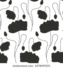 Seamless pattern with abstract poppy flowers black silhouettes on white background