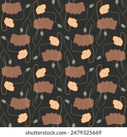 Seamless pattern with abstract poppy flowers brown silhouettes on black background