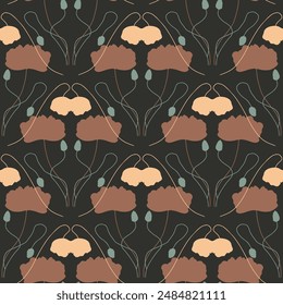 Seamless pattern with abstract poppy flowers brown silhouettes on black background