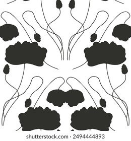 Seamless pattern with abstract poppy flowers black silhouettes on white background