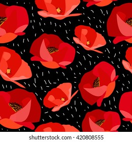 Seamless pattern of abstract poppy on the black background. Vector illustration