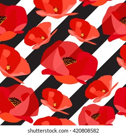 Seamless pattern of abstract poppy on black strips. Vector illustration