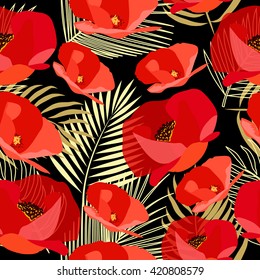 Seamless pattern of abstract poppy and palm leaves. Vector illustration