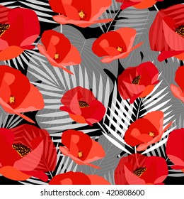Seamless pattern of abstract poppy and palm leaves. Vector illustration