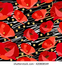Seamless pattern of abstract poppy with polka dots. Vector illustration