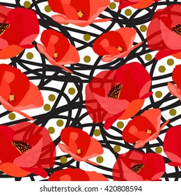 Seamless pattern of abstract poppy with polka dots.. Vector illustration