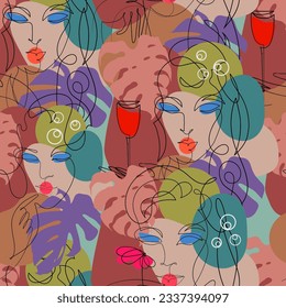 Patrón sin foco - retrato abstracto de mujeres jóvenes sosteniendo un vaso de vino, flor de estilo moderno minimalista. Dibujo continuo de una línea.