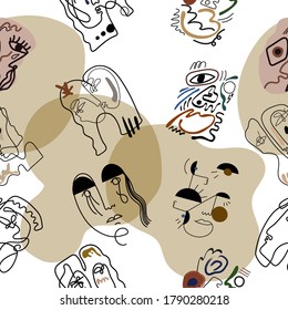 Patrón sin foco. Retratos abstractos. Dibujo contemporáneo al estilo cubista moderno.  Vector dibujado a mano.