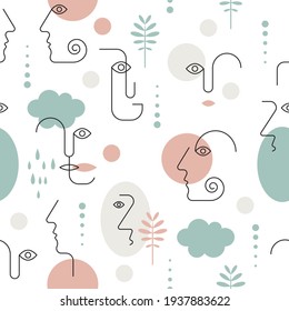 Seamless pattern with abstract portraits. Portraits in Minimalistic style, lines, geometric shapes