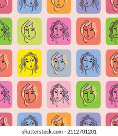 Seamless pattern with abstract portraits of young women. Vector illustration for textile print , background, wallpaper, decorative paper and other design.
