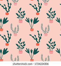 Seamless pattern with abstract pot flowers. Cartoon print with plants.