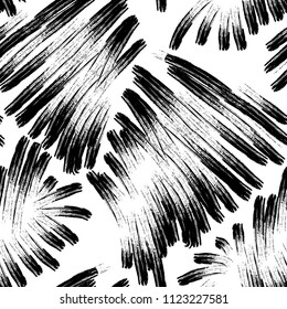 Seamless pattern with abstract print. Monochrome artistic vector illustration for textile design. Exotic trendy black and white wrapping. Grunge vector