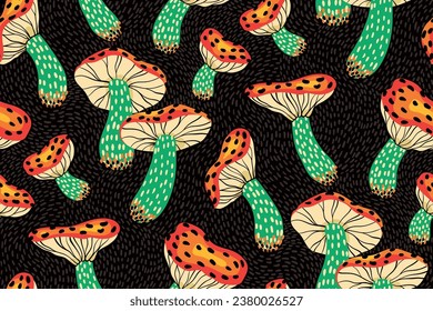 Seamless pattern, abstract print with retro motif: hand drawn amanita mushrooms on a dark black background. Graphic surface design with a doodle pattern of fly agaric mushrooms. Vector illustration.